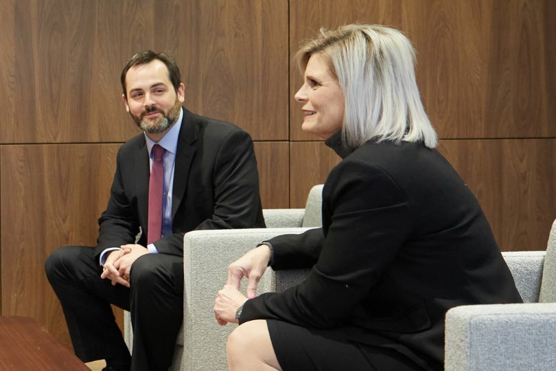 Two Stephens Public Finance professionals meeting.
